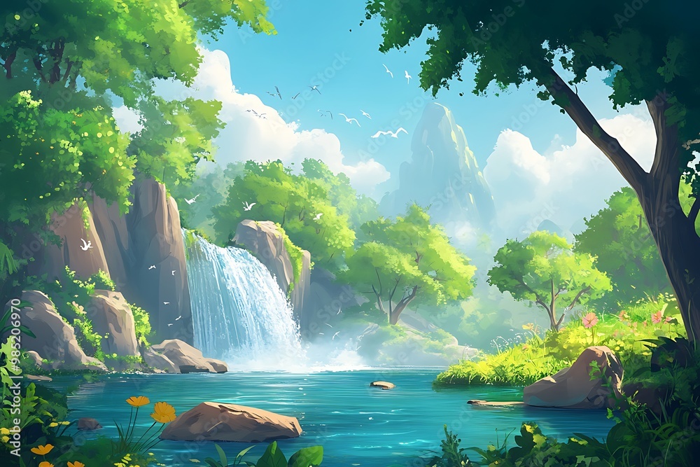 Canvas Prints Fantasy landscape with waterfall, lake, green trees, and mountains. Nature art background for video game or book cover.