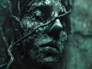 Surreal Face with Branches: A Dark and Dreamlike Image