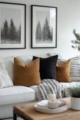 Cozy living room featuring a white couch adorned with textured pillows and a soft throw blanket, complemented by nature-inspired wall art, Ideal for home decor, interior design, and lifestyle content