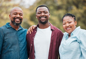 Black family, portrait and outdoor love with man, relax and together for trust in relationship. People, senior parents and son in embrace for support, outside bonding and travel to Nigeria for peace