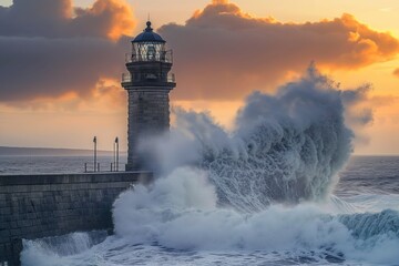 Obraz premium Large waves crash against stone tower of lighthouse at tide at sunset. Water splashes, ocean spray, foamy white waves, rocky coast, shore, navigation aid, beacon, warning, danger, stormy weather,