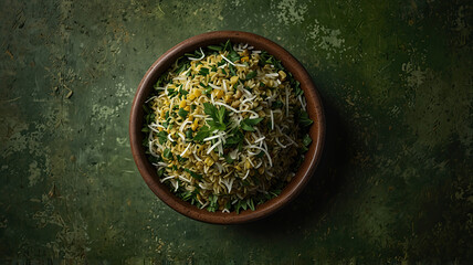 a top down view of single served cacik with an abundance of finely chopped herbs