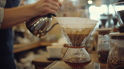 A barista expertly preparing a pour-over coffee, with a focus on the coffee drip and brewing process.