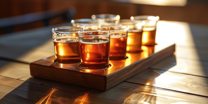 Petite servings of beer presented in a personalized wooden tray, illuminated to showcase the bubbly light brews.