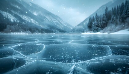 Cracks on frozen lake in winter mountains.