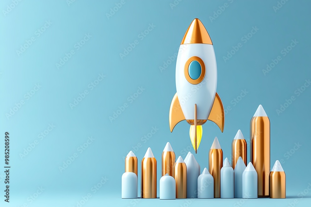 Poster business accelerator graph with rocket icon, showing rapid growth and progress in a minimalist, slee