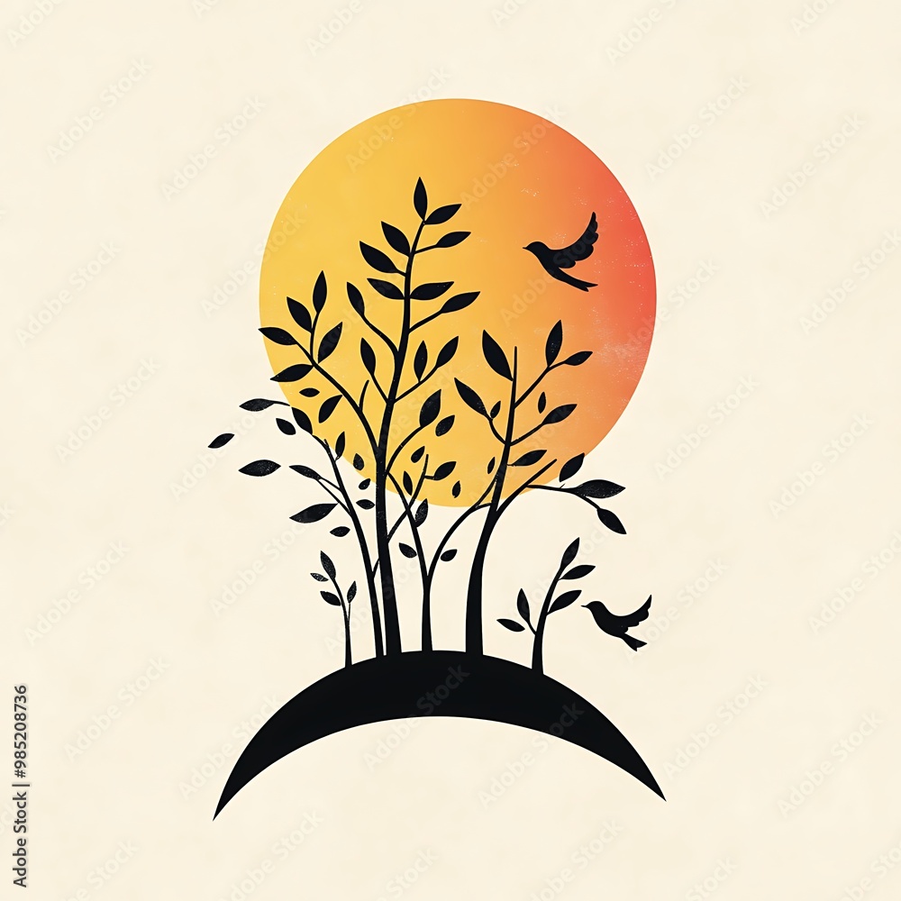 Poster Minimalist Sunset Illustration with Trees and Birds Silhouette