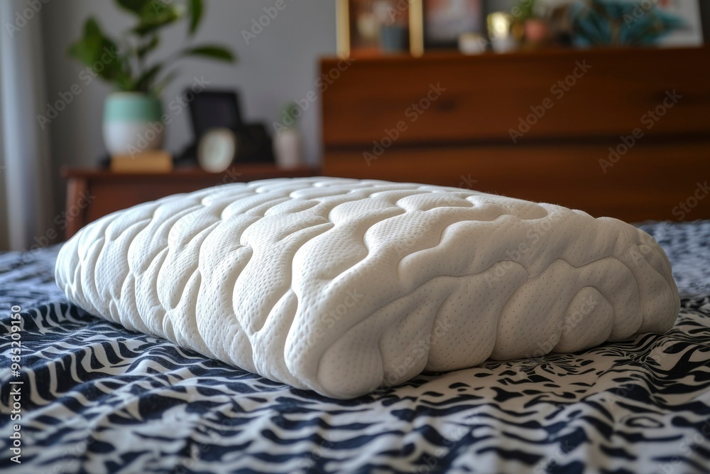 Sticker white contoured pillow on a patterned bedspread