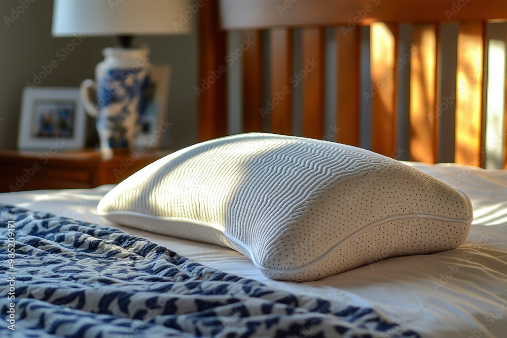 Sticker white pillow with wavy and dotted texture on a bed