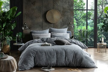 Modern Bedroom with Grey Bedding, Tropical Plants, and a Window View