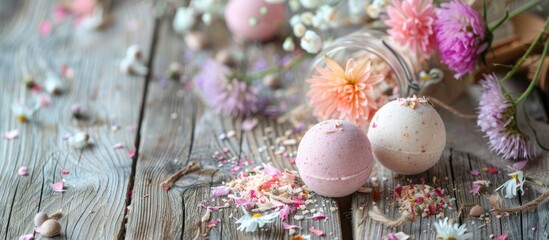 Obraz premium Preparation Of Bath Bombs Ingredients And Floral Decor On A Wooden Vintage Table