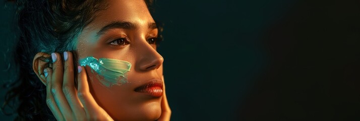 Obraz premium Dark-haired woman applies green cream to face in beauty studio setting, using small brush. Focus on intimate moment, with blurred background drawing attention to model skin, facial features.