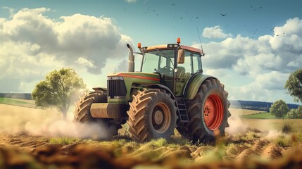 Agricultural tractor parked on rural farmland, surrounded by fields and meadow. Dusty tractor, country road, farm equipment, rural landscape, outdoors