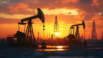 Obraz premium Silhouette of Oil Rigs at Sunset - 3D Illustration