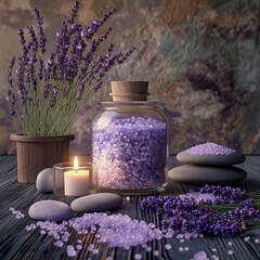 Product shot of spa salts in a wooden bowl, surrounded by fresh rose petals and small potted plants on a crisp white background.