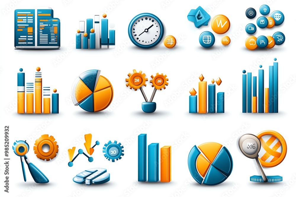 Poster business analytics icons, including bar graphs, pie charts, and data points arranged in a clean, mod