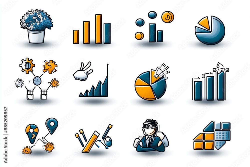 Poster business analytics icons, including bar graphs, pie charts, and data points arranged in a clean, mod