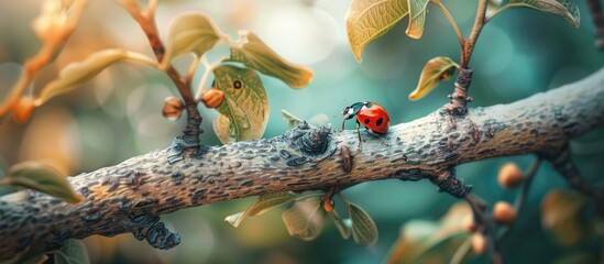 Red Beautiful Ladybug On The Grey Tree Twig On The Background Of Green Leaves Tiny Ladybird On The Dried Tree Branch