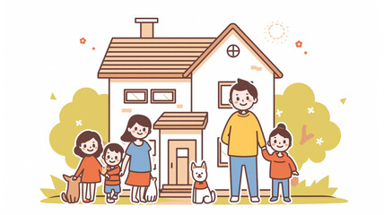 Naklejka premium 【背景】白背景の住宅と家族のイラスト素材。カラフルでポップ,ファミリー,かわいい,シンプル,