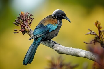 Obraz premium Tui bird perched on branch in New Zealand forest. Bird species with distinctive call, iridescent feathers, long beak. Perched on tree branch, surrounded by rich green leaves. Common sight in New