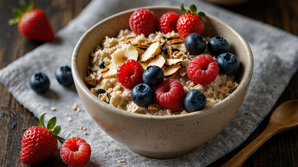 oatmeal bowl with strawberry, blueberry, raspberry and coconut