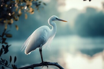 Naklejka premium White egret bird perched on a branch by a misty lake, nature photography