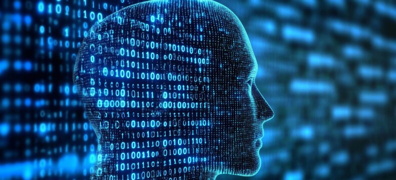 Silhouette of a head representing AI amidst a circuit board pattern in binary code.