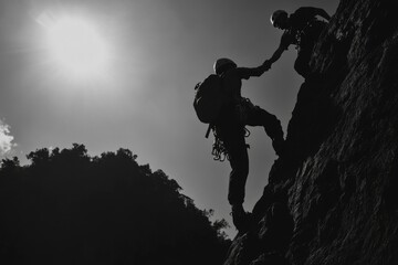 Fototapeta premium Climbers Silhouetted Against a Bright Sky, Reaching Out to Each Other