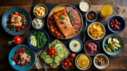 Fototapeta premium a wooden table filled with a variety of gourmet dishes and drinks