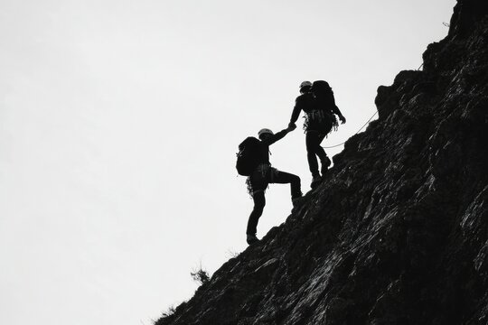 Two Climbers Silhouetted Against a White Sky While Ascending a Rock Face