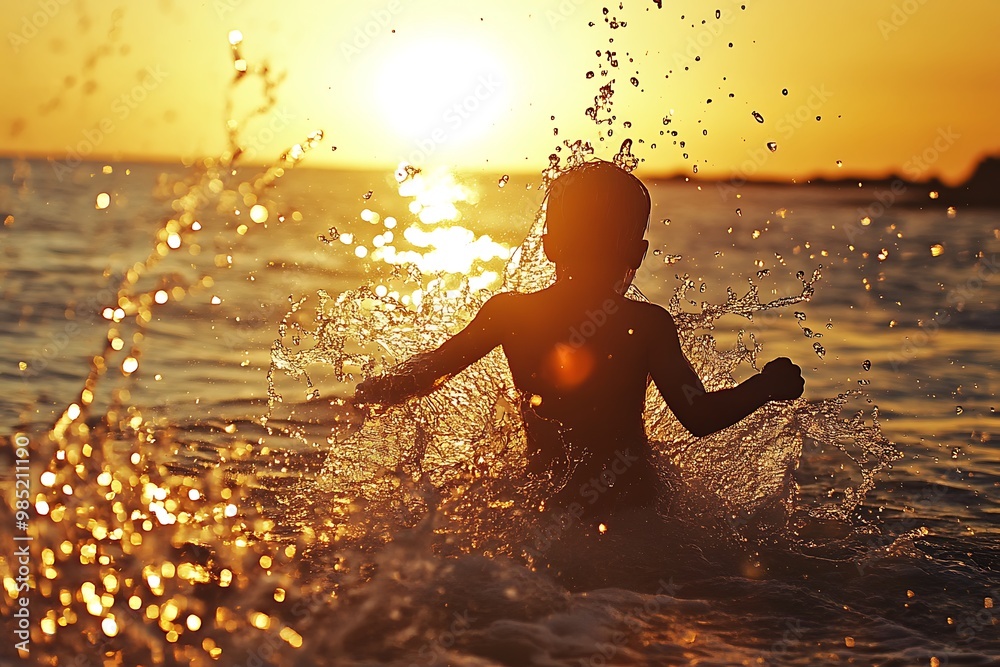 Wall mural Silhouette of a boy playing in the sea at sunset.