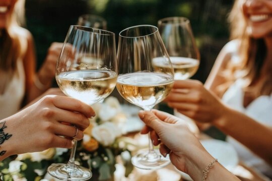 Friends gathered around an outdoor table enjoying white wine.