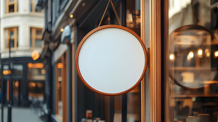 Blank Round Sign Hanging on a Wooden Door - Illustration