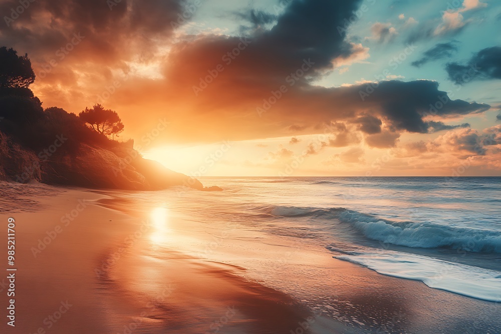 Canvas Prints Stunning sunset over calm ocean with sandy beach and dramatic clouds. Perfect for travel, nature, and vacation themes.