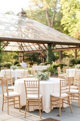 Outdoor wedding venue with white tables, chairs. Beautiful ceremony setup with romantic decoration. White tablecloth, chairs, plants, luxury event, celebration, party, marriage, love, elegant dinner,