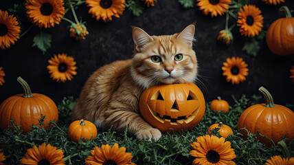 vintage 90s cat pumpkin halloween retro floral spooky