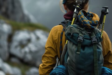 Man hiking in close-up with backpack, trekking poles. Rucksack, outdoor gear, adventure, expedition, wilderness, trail, mountain, terrain, landscape, scenery, rugged, rocky, natural, environment,