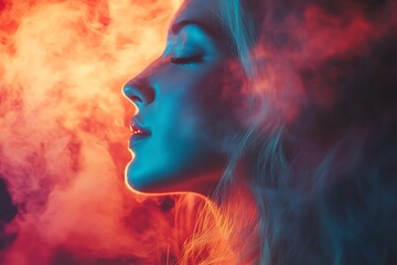 Fototapeta premium Woman with closed eyes in profile, backlit by colorful neon lights. Concept of dreams, mystery, and imagination.