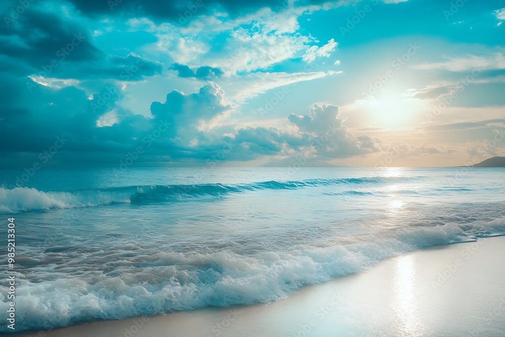 Wall mural sunrise over calm blue ocean with white foam waves and clouds