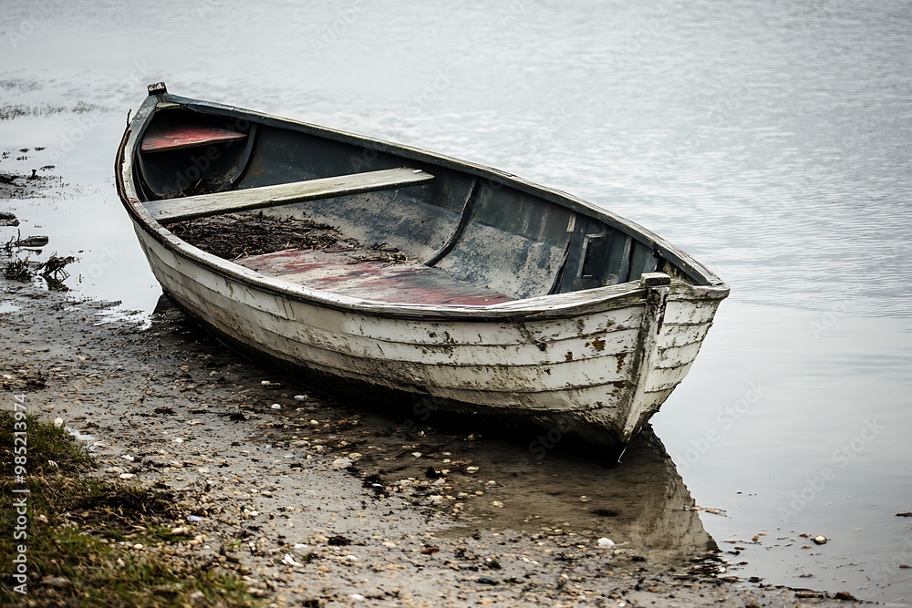 Sticker Old Rowboat Beached on the Shore, Cloudy Day