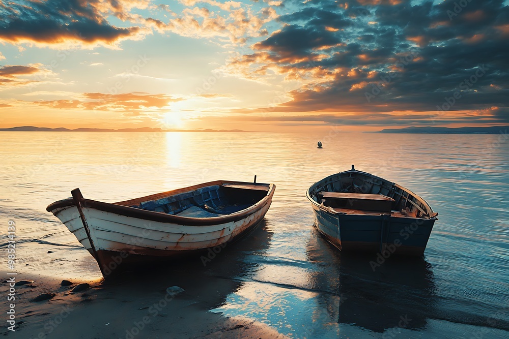 Sticker Two small boats on the beach at sunset with golden sky and clouds reflecting on the water