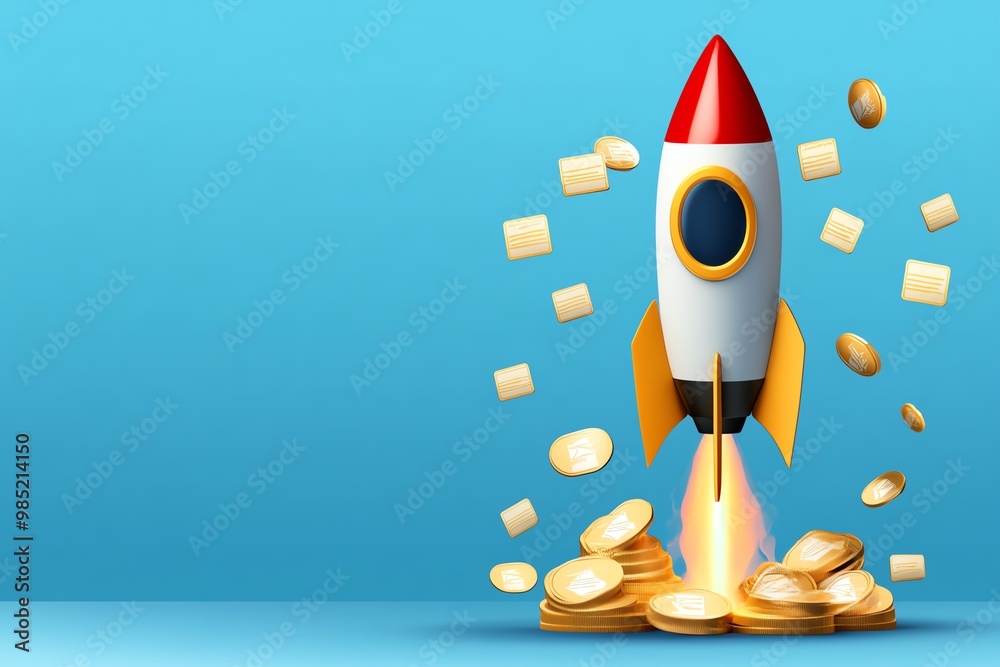 Poster business growth chart with a rocket, showing rapid acceleration and progress for startups in an acce
