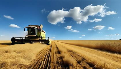 Golden fields under a clear blue sky with a combine harvester casting long shadows