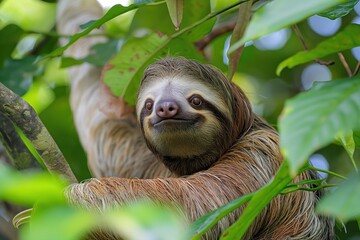 Fototapeta premium Brown sloth with white face, brown nestled in tree. Green leaves hide sloth body. Sloth head tilted to side, eyes open, gazing directly at camera. Verdant green leaves provide natural backdrop to