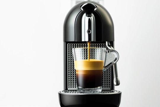 Nespresso machine pours coffee on white background. Rich aroma of freshly brewed coffee fills air. Steam flows out of machine as dispenses shot of espresso. Modern design of coffee maker adds to