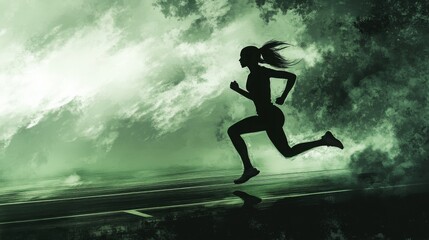 Silhouette of a woman running on a track, with a green and white cloudy background.