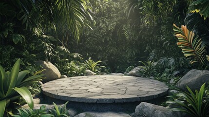 Obraz premium A stone platform surrounded by lush greenery in a tropical jungle setting.