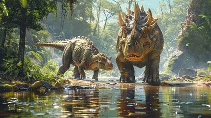 Two Dinosaurs in a Lush Jungle Setting - Prehistoric Wildlife