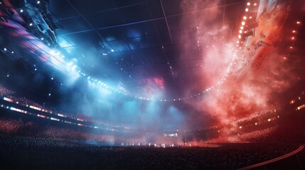 A massive stadium is bathed in red and blue light, anticipation builds in the air as the crowd awaits the show.