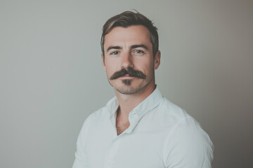 Obraz premium Businessman white crisp shirt poses against a subtle beige background, showcasing a modern minimalist style and a Movember moustache